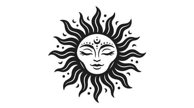 Ornate bohemian sun with a serene face, radiating stylized rays and celestial details, perfect for spiritual or decorative design elements
