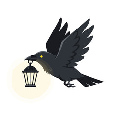 Fototapeta premium Cartoon raven carrying lantern, flying in flight, isolated