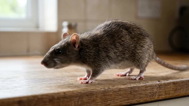 Small domesticated house mouse exploring a wooden kitchen surface on a bright day