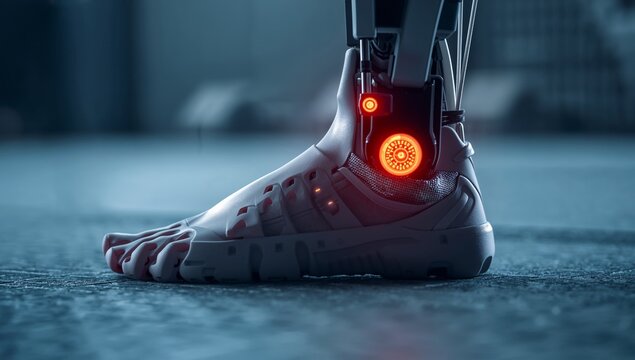 Macro Detail Of Walking Analysis Sensors Attached To Prosthetic Limb Medical Sports Technology Concept