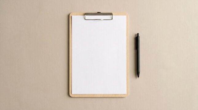 A blank white paper on a wooden clipboard with a black pen, minimalist flat lay top view on a beige background, perfect for corporate stationery and letterhead mockup presentation