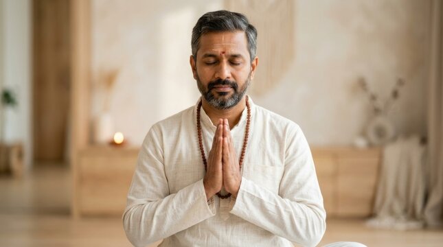 Peaceful Man Praying with Namaste Gesture Indoors Spiritual Wellness and Mindfulness Concept
