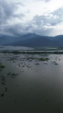 Drone Flight Over Floating Fish Cages in Rawa Pening Lake Beneath Dramatic Mountain Clouds