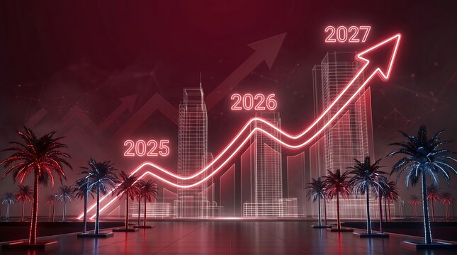 Neon lit cityscape with palm trees and rising graph for business growth forecast