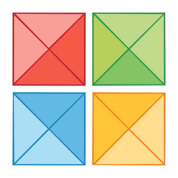 Four colorful squares divided into triangles on white background