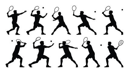 Tennis athletes illustrate a variety of competitive hitting techniques and court movements within this organized array of silhouettes. © Sad Girl