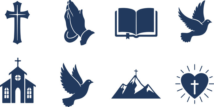 Religious and spiritual symbols collection featuring cross church icons book dove and prayer hands isolated designs