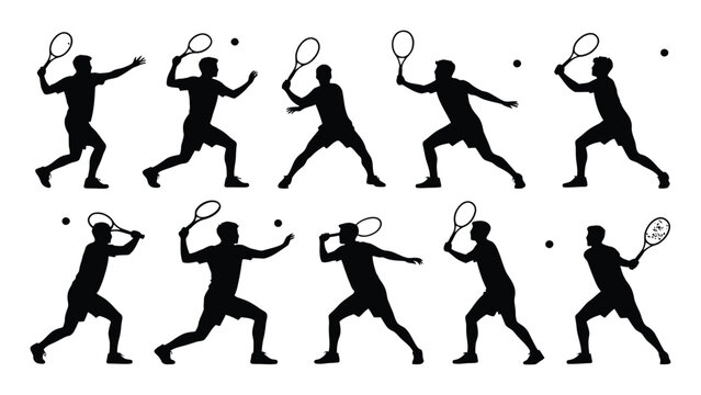 Tennis athletes illustrate a variety of competitive hitting techniques and court movements within this organized array of silhouettes.