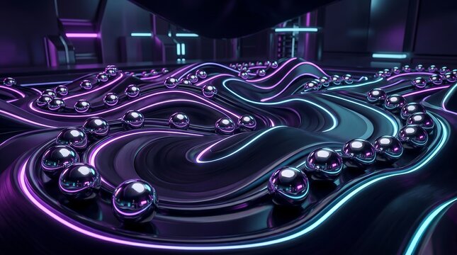 ia generated. Multiple shiny metallic spheres resting on a dark wavy surface with structured parallel channels illuminated by neon pink and cyan lights. Abstract futuristic high-tech concept backgroun