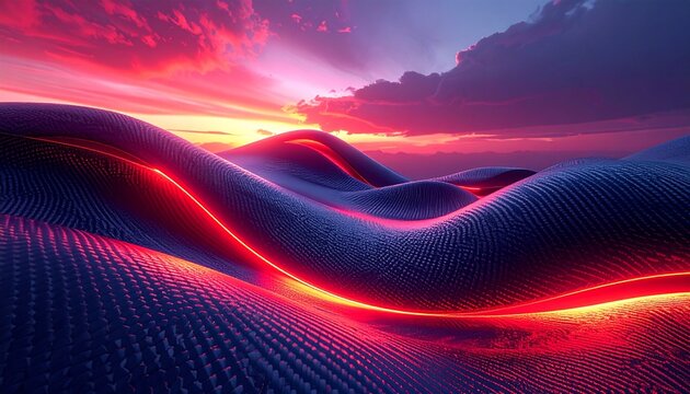 Abstract digital landscape featuring glowing red waves on a dark textured surface under a vibrant purple and orange sunset sky background.