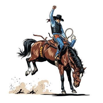Cowboy riding bucking bronco comic illustration, western culture