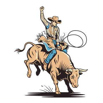 Cowboy riding bucking bull - rodeo illustration on white background