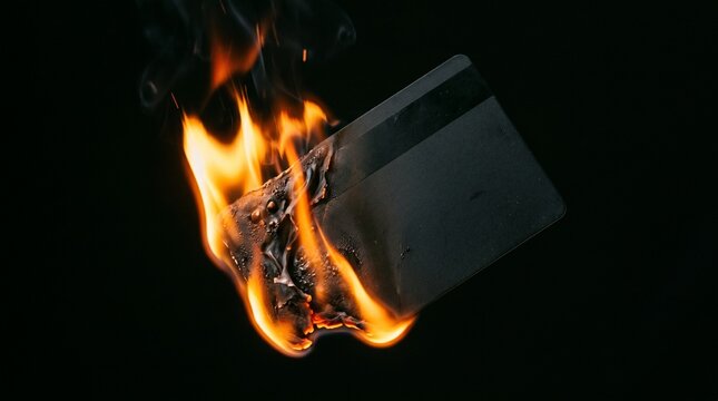 Blank credit card burning with flames on black background