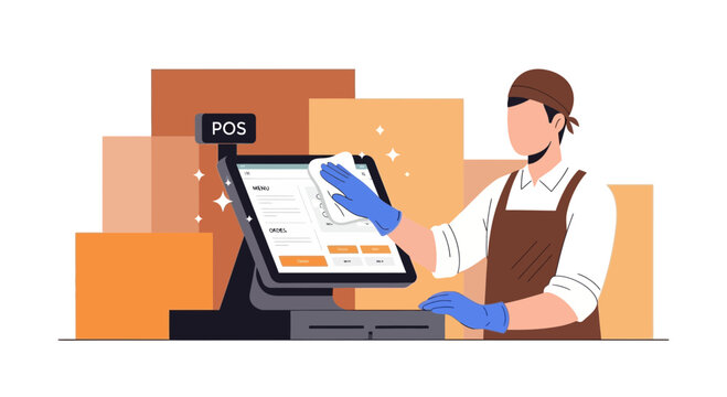 Cashier cleaning POS screen with disinfectant wipe, hygiene in retail store