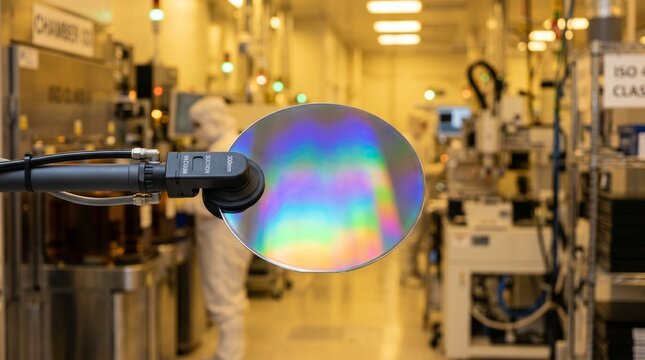 Silicon wafer on robotic arm in semiconductor cleanroom facility