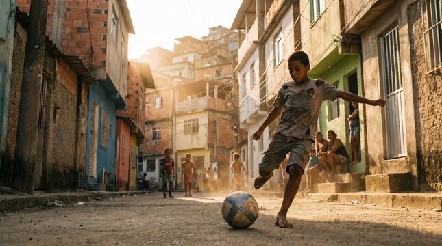 Boy playing street soccer in urban alley at golden hour