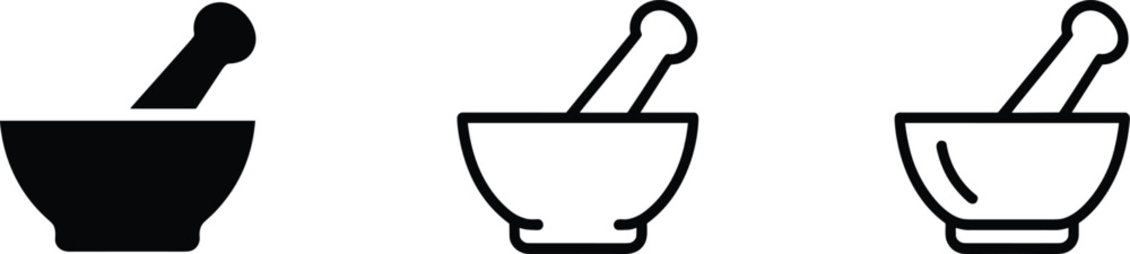 Three Mortar and Pestle Icons in Black and White Line Art and Solid Fill grinding crushing