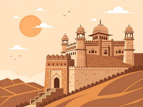 Chittorgarh Fort Rajasthan, minimal vector modern travel poster, geometric fortress, flat illustration
