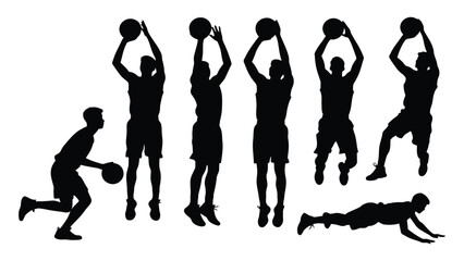 Basketball athletes display multiple offensive maneuvers and shooting techniques arranged in a clean collection of dark silhouettes. © Sadaf