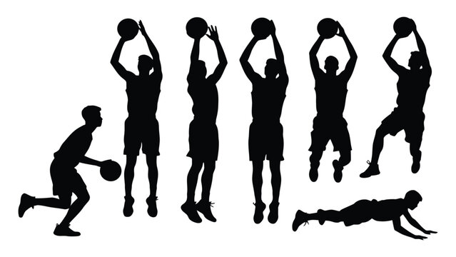 Basketball athletes display multiple offensive maneuvers and shooting techniques arranged in a clean collection of dark silhouettes.