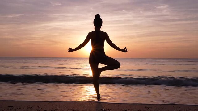 Silhouette of a woman practicing yoga on a beach at sunset with the sun setting over the ocean.