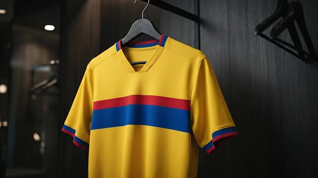 A collection of vibrant yellow sports jerseys with colorful horizontal stripes displayed in a modern retail setting