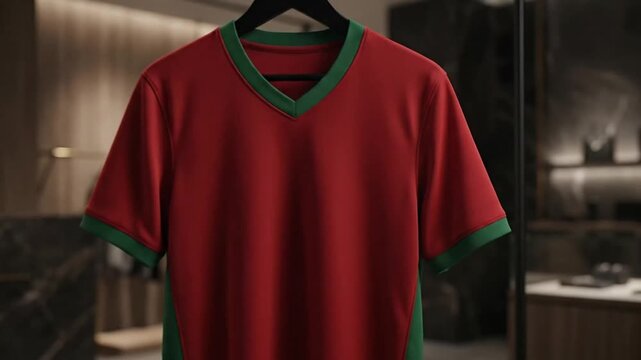 Multiple frames showcasing a vibrant red sports jersey with green accents in a modern retail setting