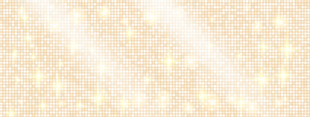 Obraz premium Disco ball gleam with bright gradient glitter for party banner. Golden disco mosaic by sequin ball tile in warm light. Vector backdrop with mirror background and gentle shimmer for social media promo.