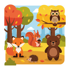 Naklejka premium Cute Animals in Autumn Forest - Fox, Owl, Bear, Squirrel, Hedgehog