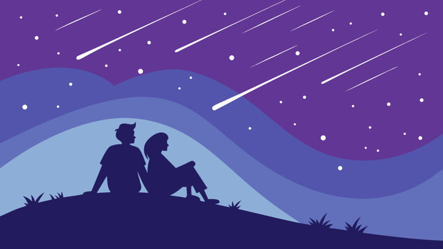 Perseid starfall with silhouettes watching meteor shower under a night sky illustrating astronomy, wonder and stargazing