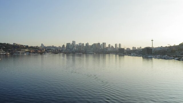 Aerial View of Seattle Waterfront Skyline with Marina and Space Needle in Seattle, Washington, USA
