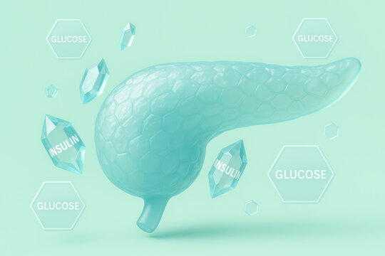 3D translucent pancreas organ with floating insulin crystal and glucose hexagon shapes on mint green background for diabetes wellness concept