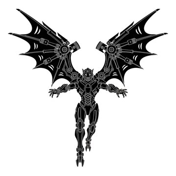 Mechanical winged humanoid robot creature with bat wings and futuristic design