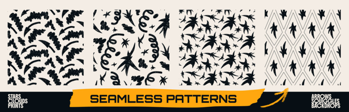 Seamless patterns of brushy crayon star shapes tossed across a cream for retro cover. Scribbled stars and starburst marks in a seamless repeat. Hand drawn vector endless pattern with charming motifs.