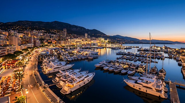 Monaco principality panoramic view at dusk with luxury yachts in port Hercule and illuminated city.