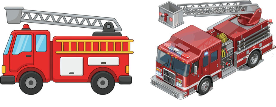 Fire Truck Collection Vector Illustration with Ladder Fire Engine, Emergency Rescue Vehicles, and Firefighting Transportation Equipment for Public Safety Designs