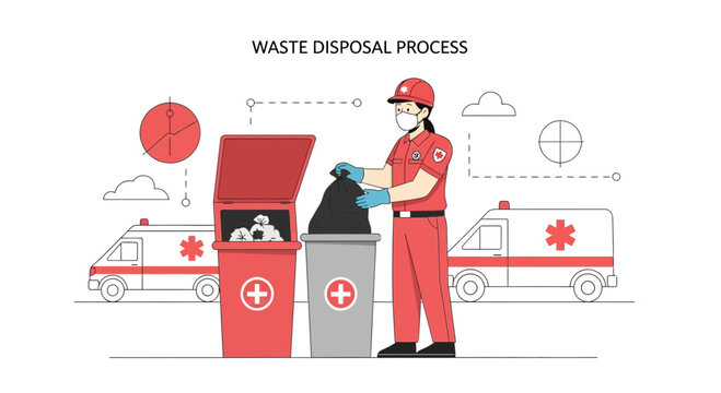 Medical Waste Disposal: Healthcare Worker Disposing Trash with Ambulance Background