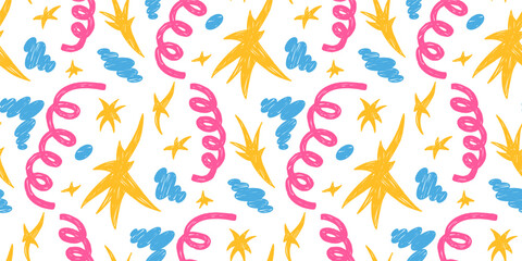 Fototapeta premium Playful birthday confetti seamless pattern and crayon star with squiggle dot print. Cloud and birthday wrapping repeat motif on whimsical background. Vector festive illustration for party wallpaper.