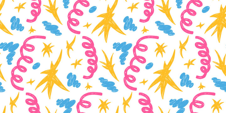 Playful birthday confetti seamless pattern and crayon star with squiggle dot print. Cloud and birthday wrapping repeat motif on whimsical background. Vector festive illustration for party wallpaper.