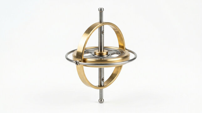 Precision machined brass and steel gyroscope balanced on pure white background