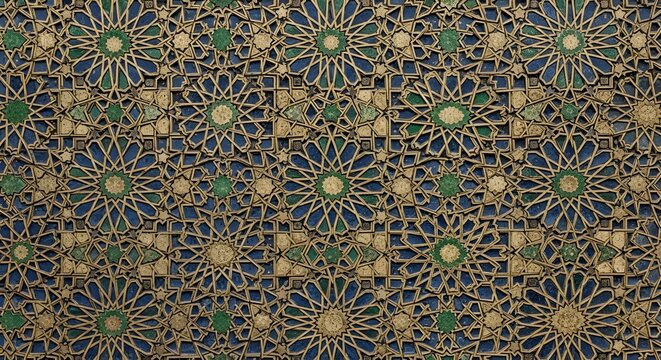 Seamless islamic geometric pattern with intricate stars and lines in dark grey and yellow gold colors