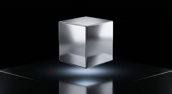 Polished silver metallic cube hovering in mid air magnetic levitation concept