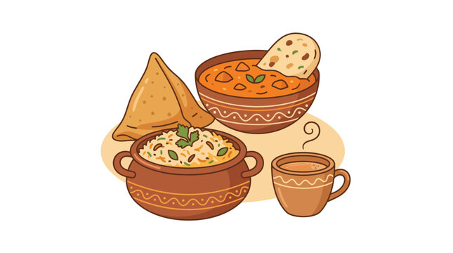 Traditional Indian food collection with curry samosa and rice
