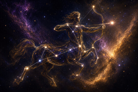 Centaurus constellation as a golden celestial centaur in deep space.