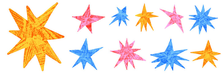 Handmade star and chalk doodle blink with rough scribble for naive poster. Hand drawn star figures and crayon doodle twinkle on white. Vector magic spark set isolated for childish promo design or blog © Syuzann q