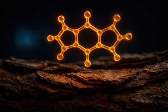 Glowing orange molecular structure floating above dark pine bark surface, representing bioflavonoid science visualization on deep blue background