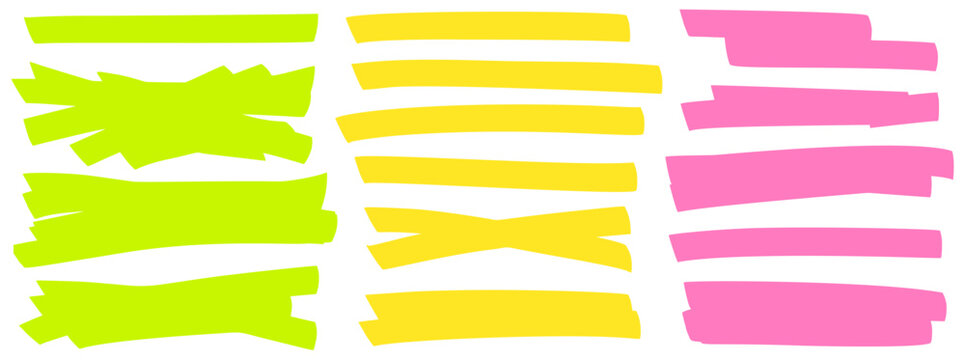 Marker patch shapes in green yellow pink for highlight emphasis on text. Streak strokes with felt tip patch and underline memos. Vector marker stripes for note taking and journal isolated on white bg.