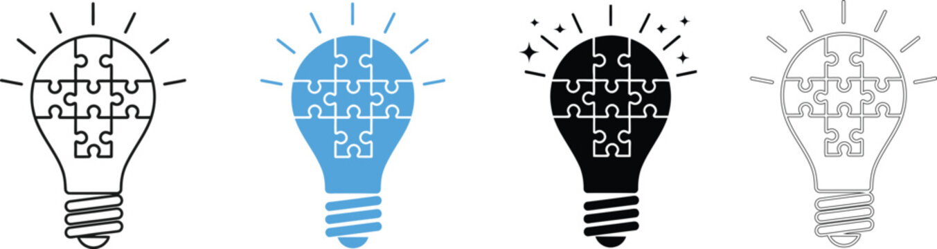Puzzle bulb icon set innovation problem solving and idea generation concepts