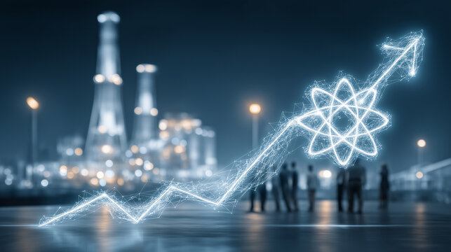Energy Sector Growth: A stylized upward trending arrow, infused with atomic symbols, pierces the night sky above an industrial power plant.