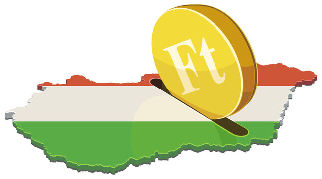 Vector artwork symbolizing financial investment, national budget, economic growth, and savings in Hungarian Forint inside the country map, (cut out)